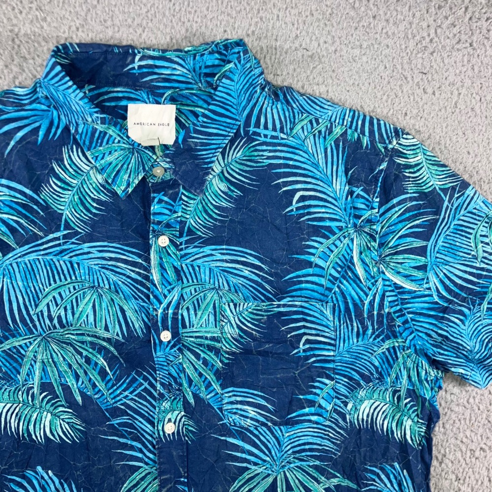 American Eagle‎ Hawaiian Shirt Men XXL Tropical Palm Leaf Print Navy Blue Teal